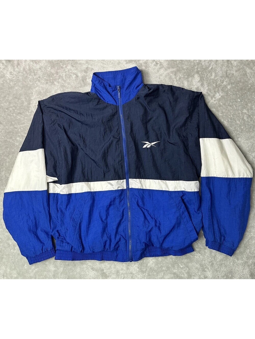 Vintage Reebok Jacket Mens M Blue Windbreaker Color Block Logo Warm Up 90s